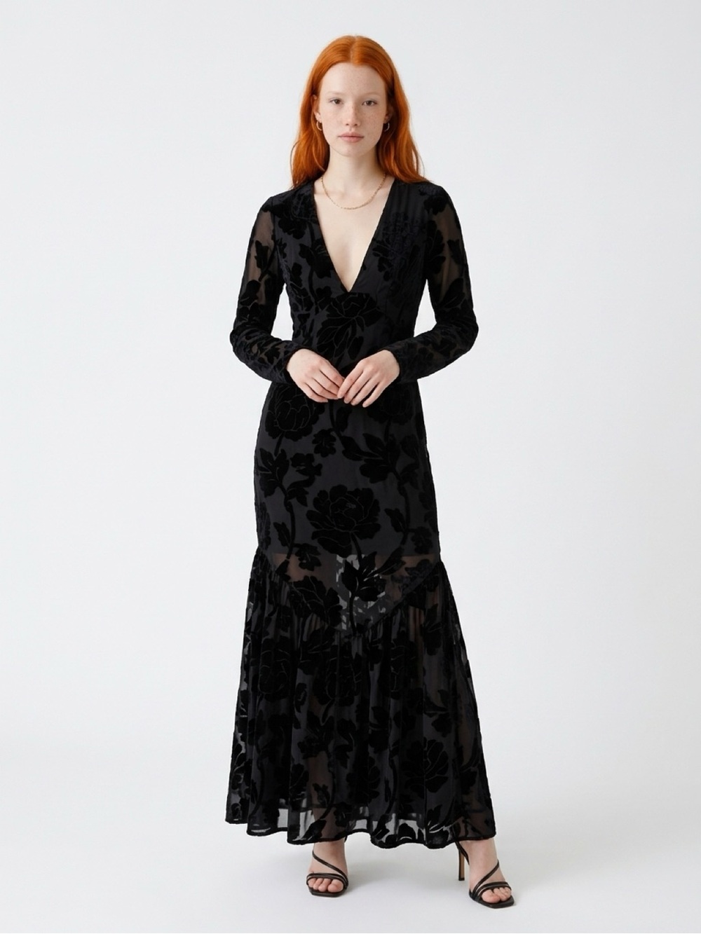 12Th Tribe Angela Black Velvet Burnout Long Sleeve Maxi Dress Size M Floral Shee